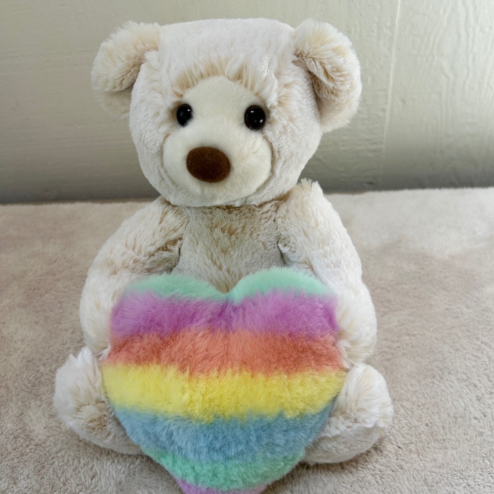 Aurora Olivia Cream Teddy Bear Plush w/Rainbow Heart Stuffed Animal 9 Inch NWOT